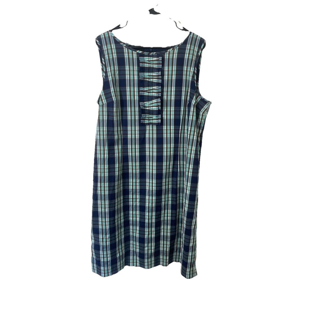 Talbots Size 16 Blue Plaid Midi Shift‎ Dress Academia Preppy Holiday Ruffles